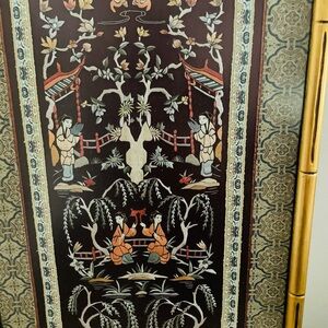 Vintage Chinese embroidery-silk fabric-wood gold bamboo frame-girls in garden